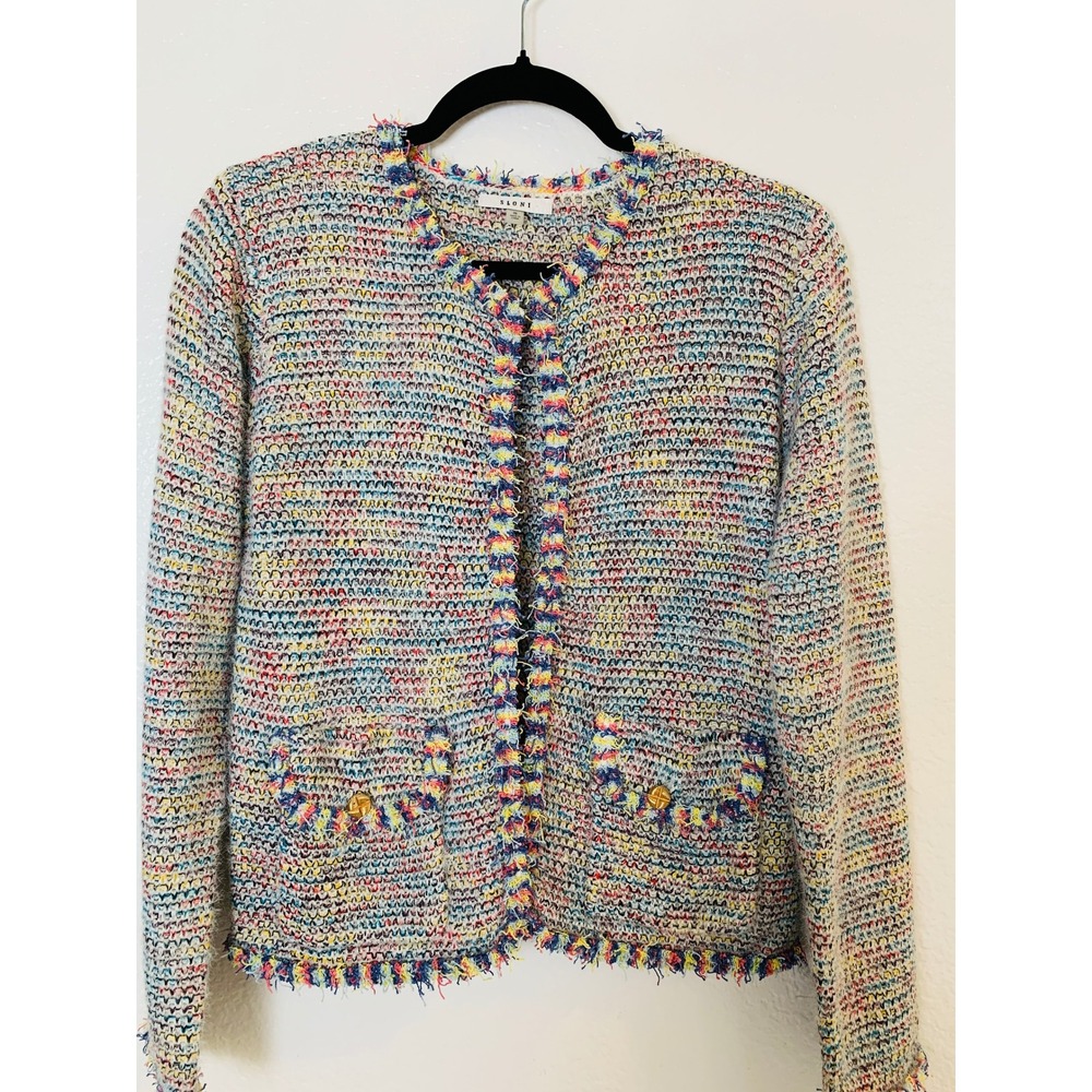 Sioni Cardigan Sweater Women Small Multi Color Boucle Tweed Fringed Open Front